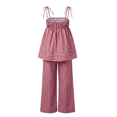Red Striped Tie Up Strap Babydoll Top and Straight Pants Loungewear Set