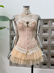 Strapless Lace Fitted Corset Tulle Mini Skirt Set