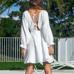 White Deep V-Neck Puff Long Sleeve Mini Dress
