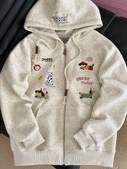 Dog Graphic Embroidery Zip-Up Hoodie