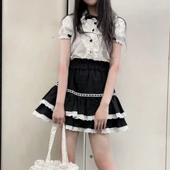 Black Lace Trim Ruffles Mini Skirt