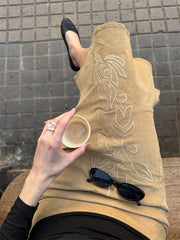 Embrodied Brown Pencil Midi Skirt