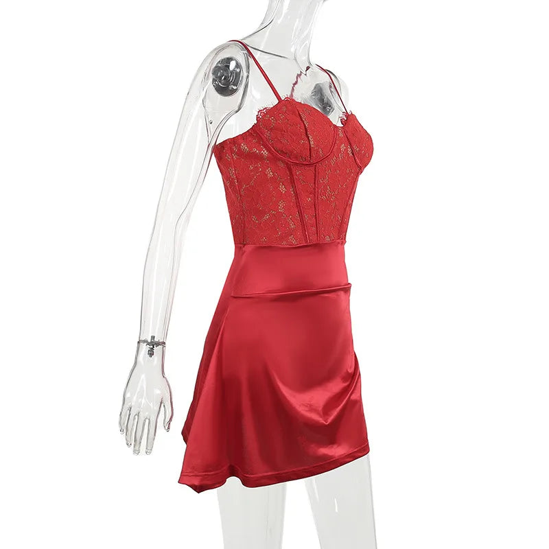 Red Lace Patchwork Satin Mini Dress