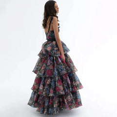 Printed Tie Up Strap Tiered Frill Irregularity Maxi Dress
