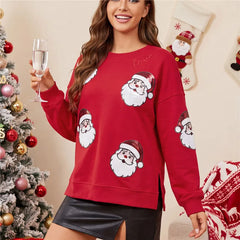 Sequin Santa Claus Face Crew Neck Pullover