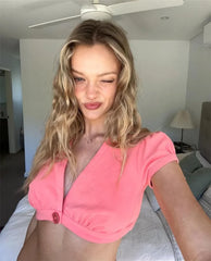 V-Neck Short Sleeve One Button Crop Top