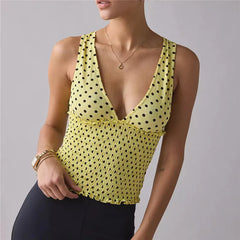 Polka Dot Plunge V Neck Smocked Top