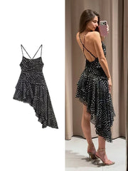 Black Polka Dot Frill Asymmetric Hem Mini Dress
