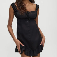 Front Button Ruffle Hem A-line Mini Dress