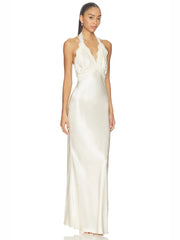 White Satin Lace Patchwork Halter Long Dress