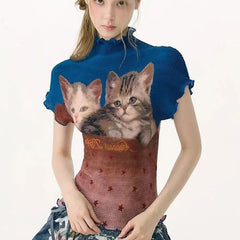 Cat Printed High Collar Ruffled Hem Short Sleeve Top