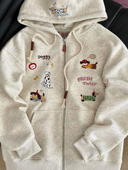 Dog Graphic Embroidery Zip-Up Hoodie