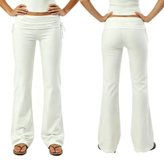 Side Drawstring Ruched Fold Over Waist Yoga Pant Flare Leggings