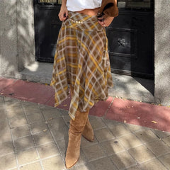 Brown Plaid Asymmetrical Hem Midi Skirt