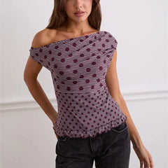 Off Shoulder Polka Dot Print Ruffle Hem Tank Top