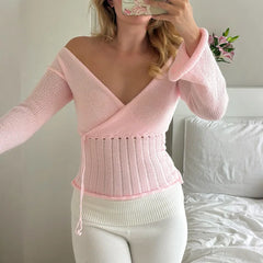 Long Sleeve Knitted Wrap Tie Up Multi Way Top