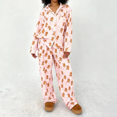 Christmas Gingerbread Man Print Fleece Top with Elastic Waist Pants Pajama Set
