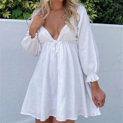 White Deep V-Neck Puff Long Sleeve Mini Dress
