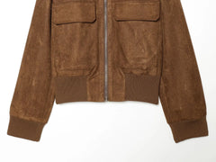 Brown Faux Suede Stand Collar Zip Up Bomber Jacket
