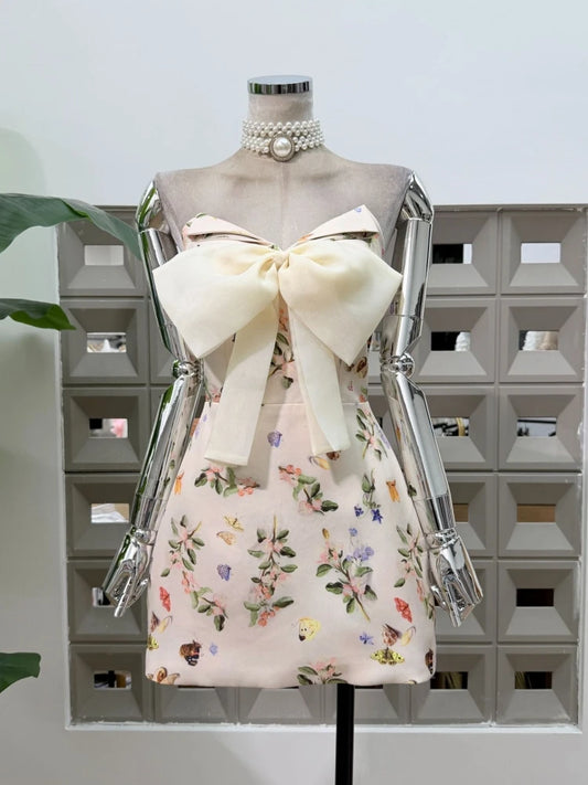 Strapless Bownot Flower Printed Mini Dress