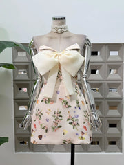 Strapless Bownot Flower Printed Mini Dress