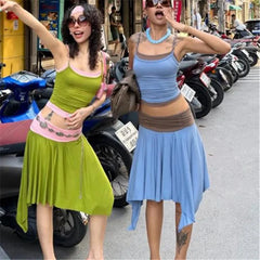 Blue Layered Cami Tank Top And Asymmetrical Hem Midi Skirt Set