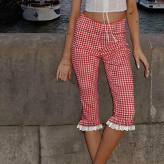 Plaid Lace Trim Capri Leggings