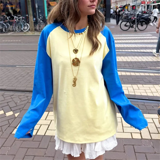 Colour Block Yellow And Blue Raglan Long Sleeve T-shirt