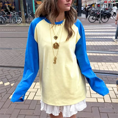 Colour Block Yellow And Blue Raglan Long Sleeve T-shirt