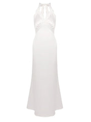 White Satin Lace Patchwork Halter Long Dress