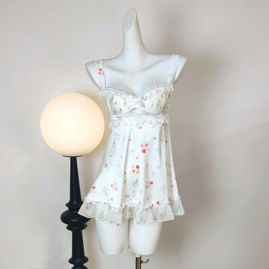 White Satin Floral Print NIght Gown