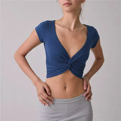 Polka Dot Deep V Front Twist Knot Crop Top