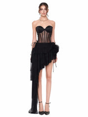 Black Lace-up Corset And High Waist Ruffles Split Long Skirt Set