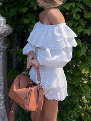 White Off-shoulder Eyelet Crop Top And Mini Skirt Set