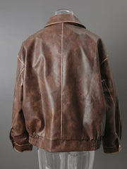 Brown Embroidery Butterfly Faux Leather Bomber Jacket