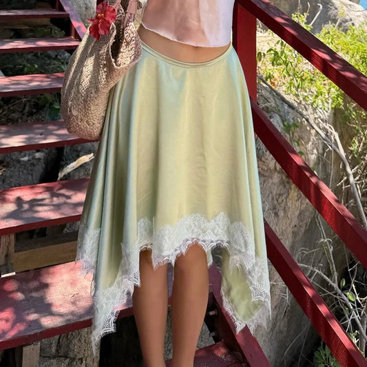 Satin Lace Trim Irregular Hem Midi Skirt