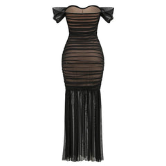 Black Mesh Off-shoulder Pleated Long Dress