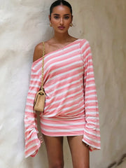 Off Shoulder Long Sleeve Striped Print Backless Hollow Out Mini Dress