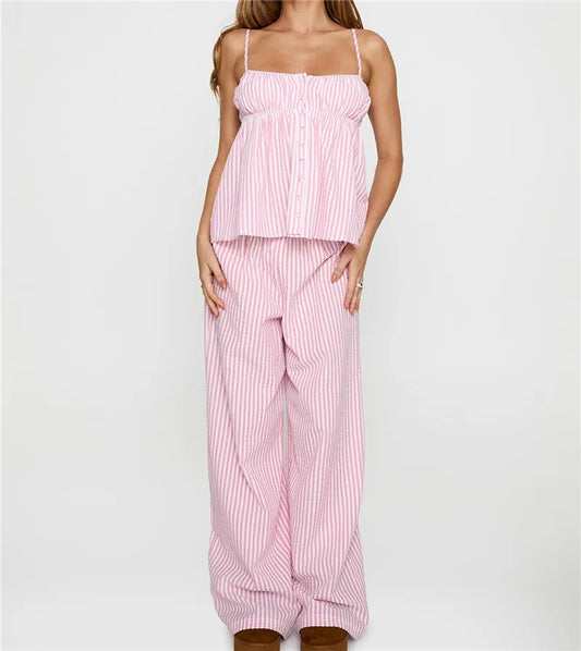 Striped Spaghetti Strap Peplum Top And Wide Leg Pants Loungewear Set
