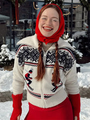 Jacquard Zipper Turn Down Collar Ski Cardigan