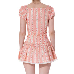 Pink Stripe Print Puff Sleeve Mini Dress