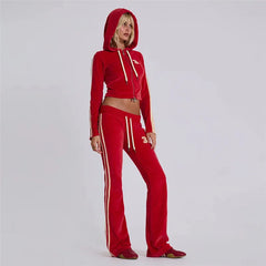 Red Velvet  Zipper Crop Hoodie And Flare Pants Set