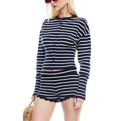 Stripe Knit Cropped Cardigan And Shorts Set