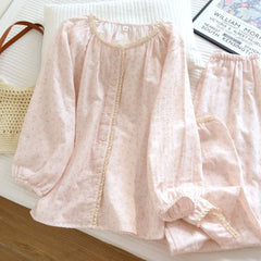 Cotton O-neck Long-sleeved Printed Button Shirt And Pants Pajama Set
