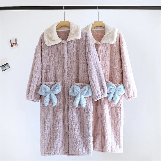 Fleece Bow Collar Long Nightgown Bathrobe
