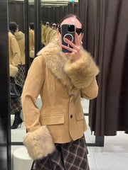 Brown Suead Faux Fur Patchwork Jacket