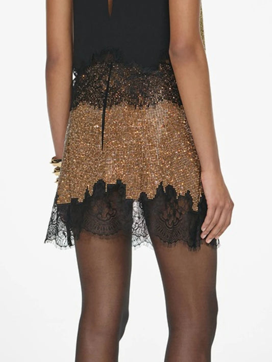 Gold Rhonestone Lace Trim Mini Skirt