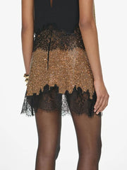 Gold Rhonestone Lace Trim Mini Skirt