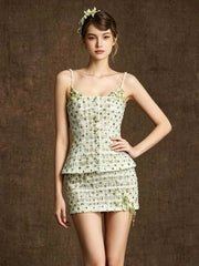 Green Floral Beaded Sequin Corset Top And Mini Skirt Set