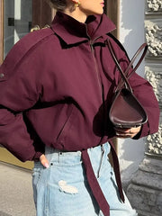 Red Stand Collar Long Sleeve Zipper Cover Short Jacket